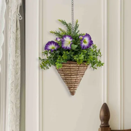 Hanging long juniper plus purple trumpet flower basket
