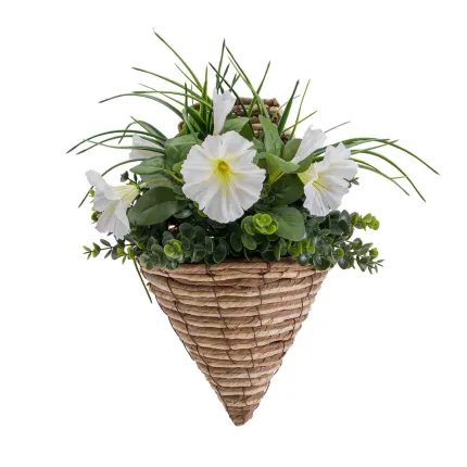 White Petunia Plus Green Leaves with Wall Hanging Basket