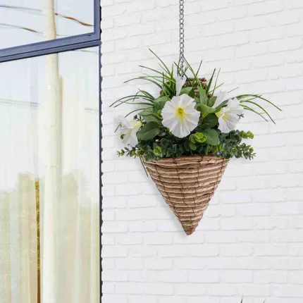 White Petunia Plus Green Leaves with Wall Hanging Basket